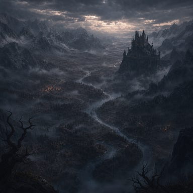 High‑altitude view of the lands of Barovia, a vast mist‑shrouded valley surrounded by jagged Balinok Mountains, Castle Ravenloft rising like a dark fang above the fog, forests twisting below, rivers glinting faintly in twilight, Barovian Gothic atmosphere