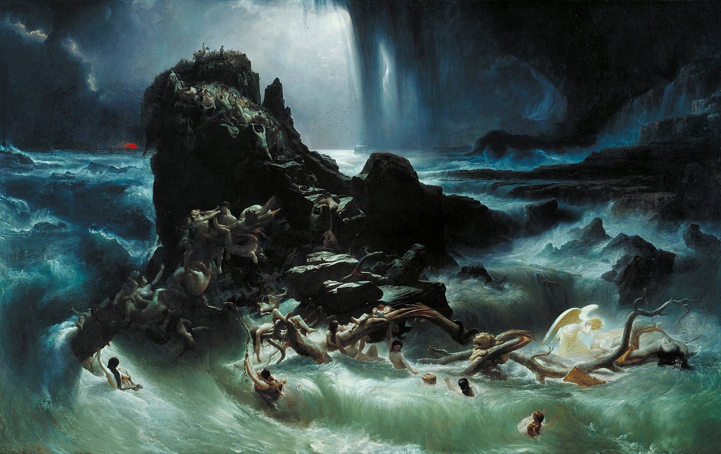 A stormy sea surges around a rocky peak where people and animals cling to huge branches, a red sun sets on the left and the ark, lit by a shaft of moonlight, floats in the distance. A stormy sea surges around a rocky peak where people and animals cling to huge branches, a red sun sets on the left and the ark, lit by a shaft of moonlight, floats in the distance.