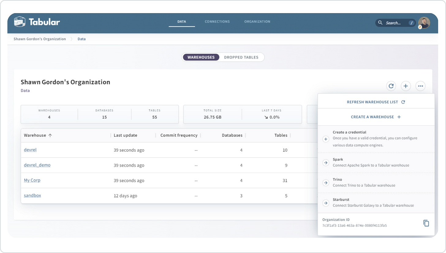 Warehouses in Tabular's UI
