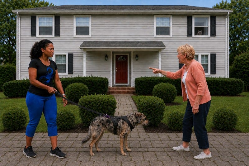 Woman yells at a dog walker standing in front of a two-flat