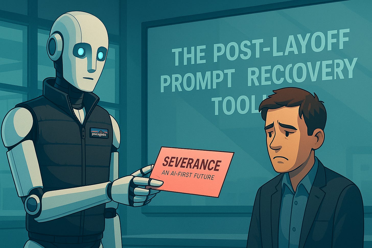 A darkly comic metaphor for tech’s cold transition to automation, where product managers are offboarded by AI and left to reclaim their humanity through parody-driven writing prompts.