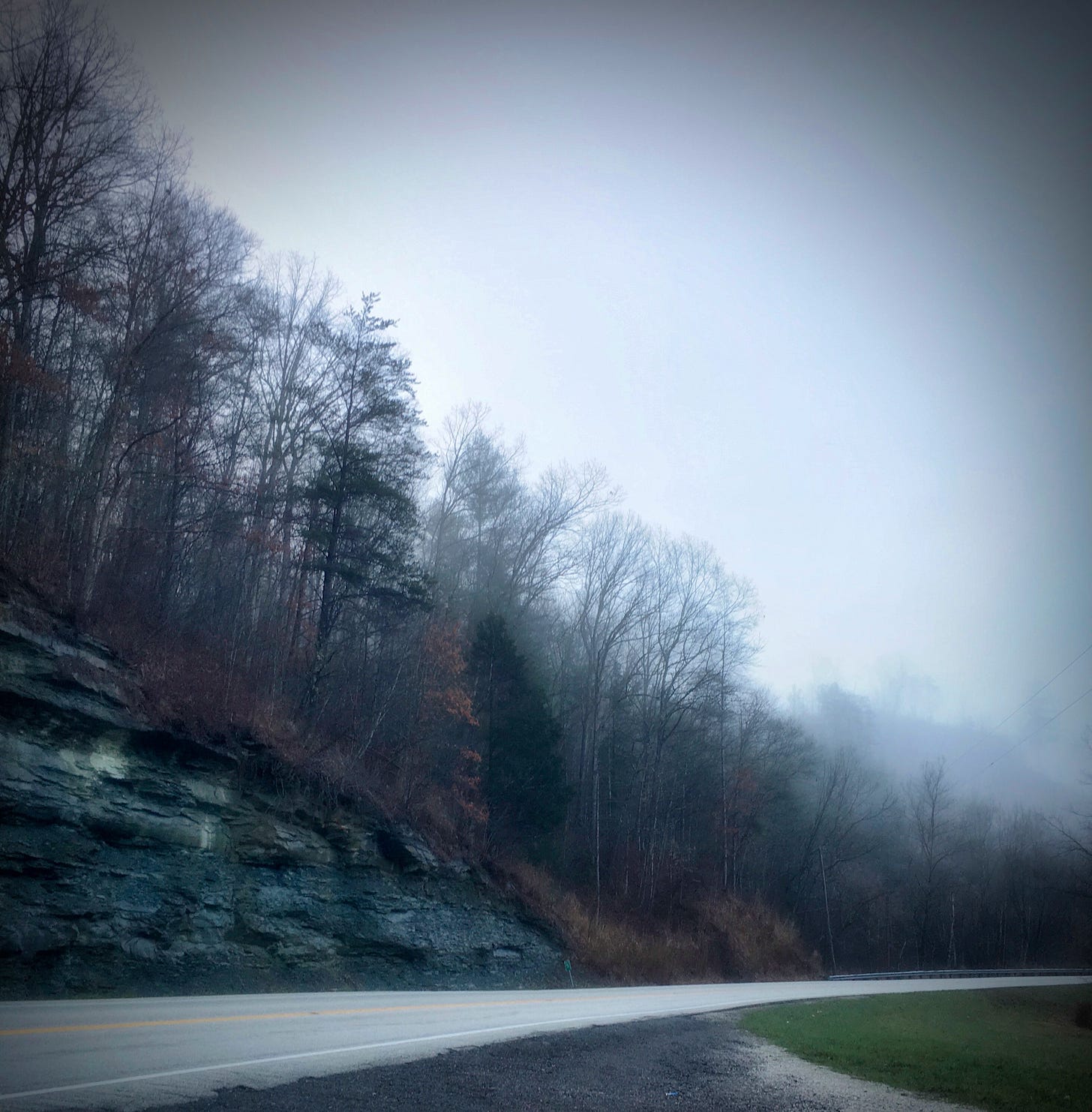  A fog-covered road with trees and rocks in the background, enhancing the sense of depth and mystery.