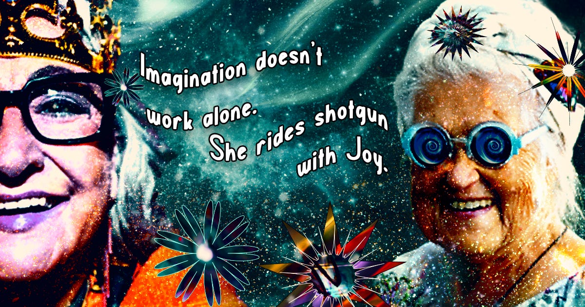 two fun old ladies hanging out with cosmic flowers