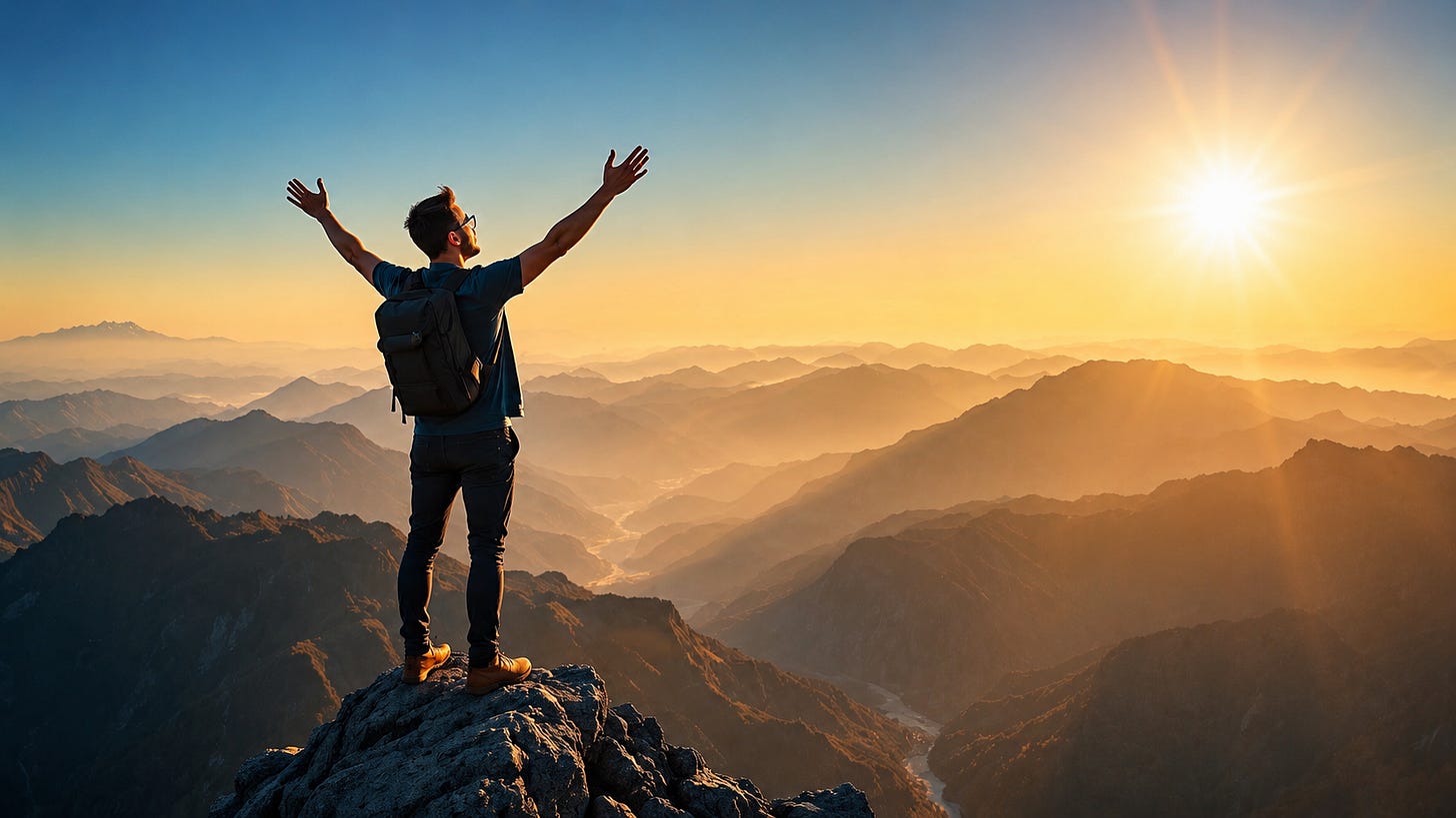 A man at the summit of a mountain reaching out to the sky before him. A man at the summit of a mountain reaching out to the sky before him.