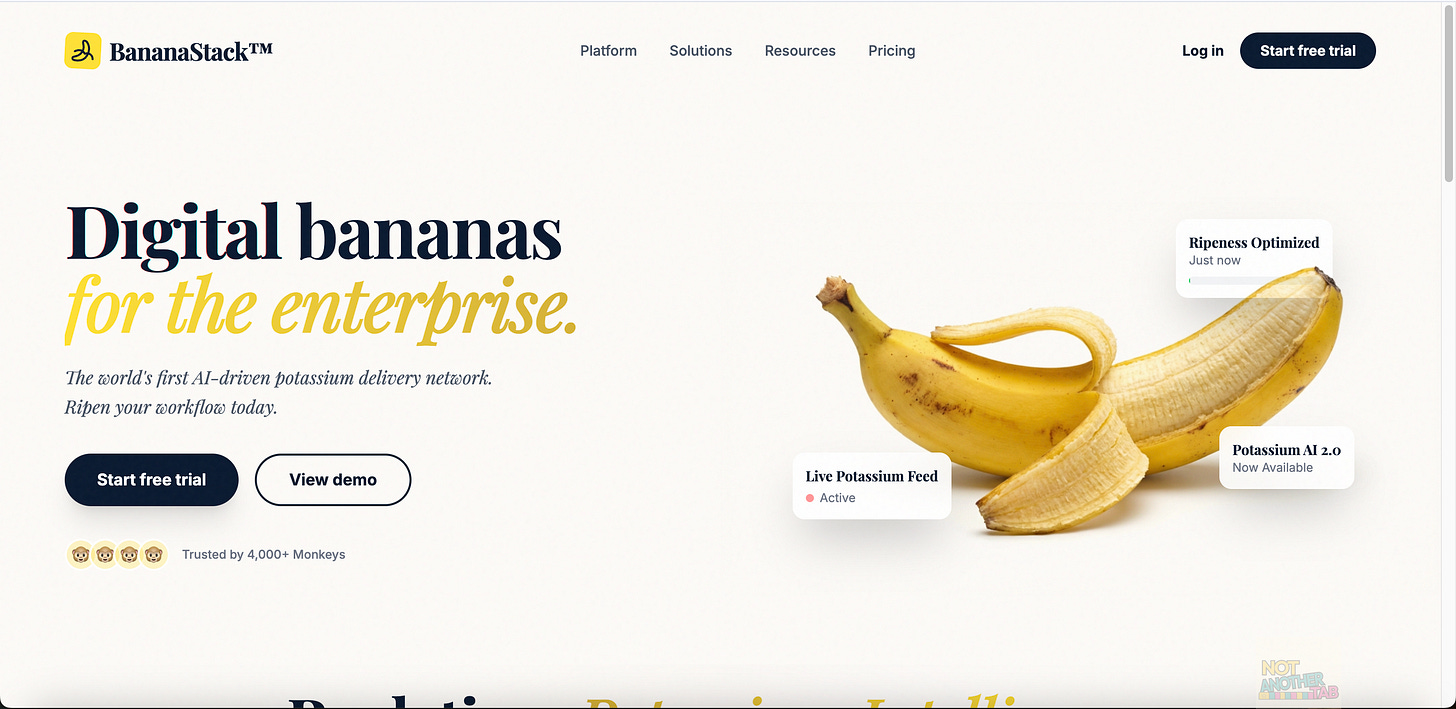 Screenshot of a BananaStack™ homepage with a peeled banana and UI labels like “Ripeness Optimized” and “Potassium AI 2.0.”