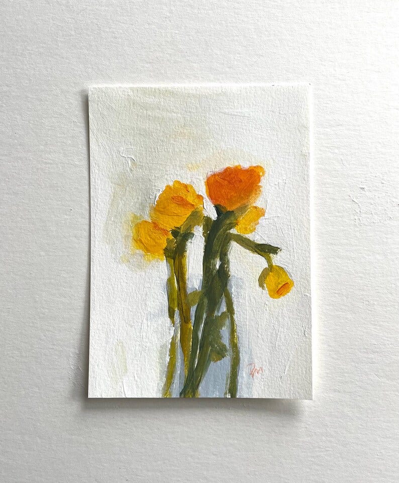 May include: A painting of yellow and orange flowers in a vase. The flowers are painted in a loose, impressionistic style. The background is a light white.