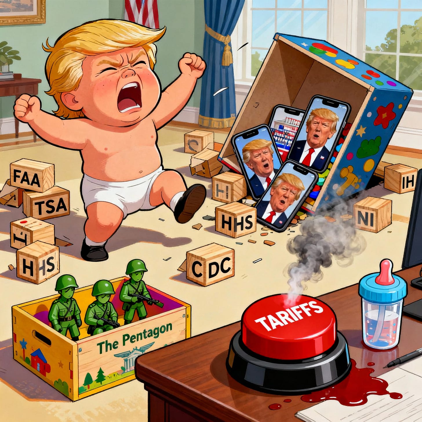 Satirical editorial illustration depicting Trump’s government shutdown tantrum and chaos.