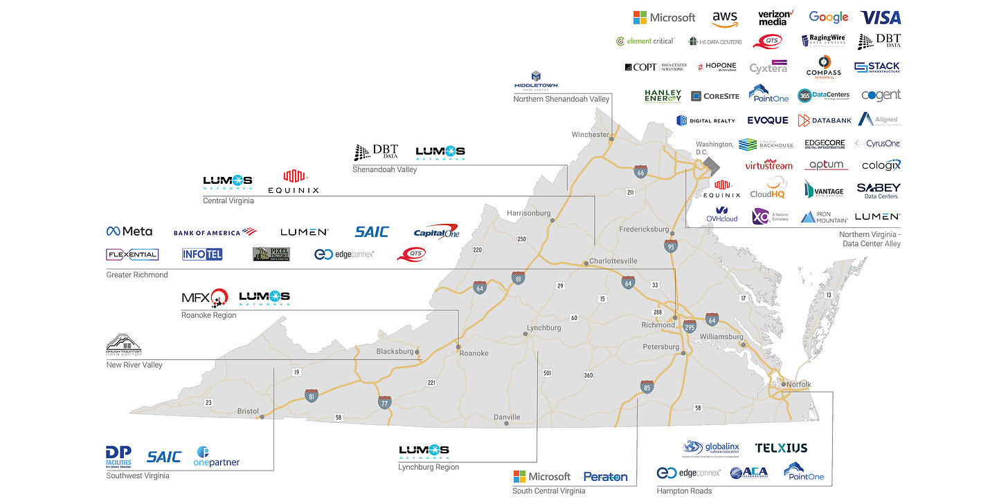 A map of data centers in Virginia taken from the Virginia Economic Development Partnership’s website Jan. 12. (Courtesy of VEDP)
