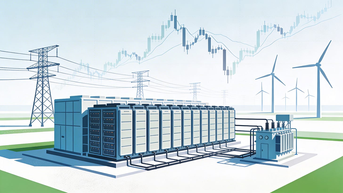 Finance article cover showing Eos Energy grid battery farm and volatile stock chart in the sky. Finance article cover showing Eos Energy grid battery farm and volatile stock chart in the sky.