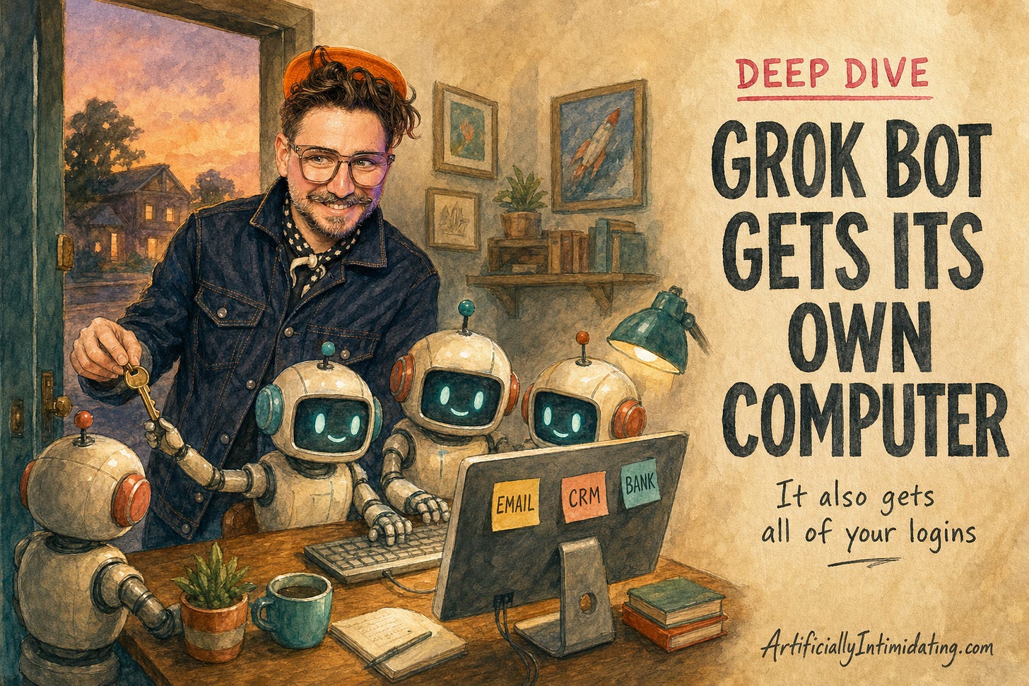 Watercolor poster: a smiling man in an orange cap and denim jacket hands a brass house key to one of four small robots crowded around a single desktop computer with sticky notes reading EMAIL, CRM and BANK; painted lettering reads DEEP DIVE, GROK BOT GETS ITS OWN COMPUTER, it also gets all of your logins.