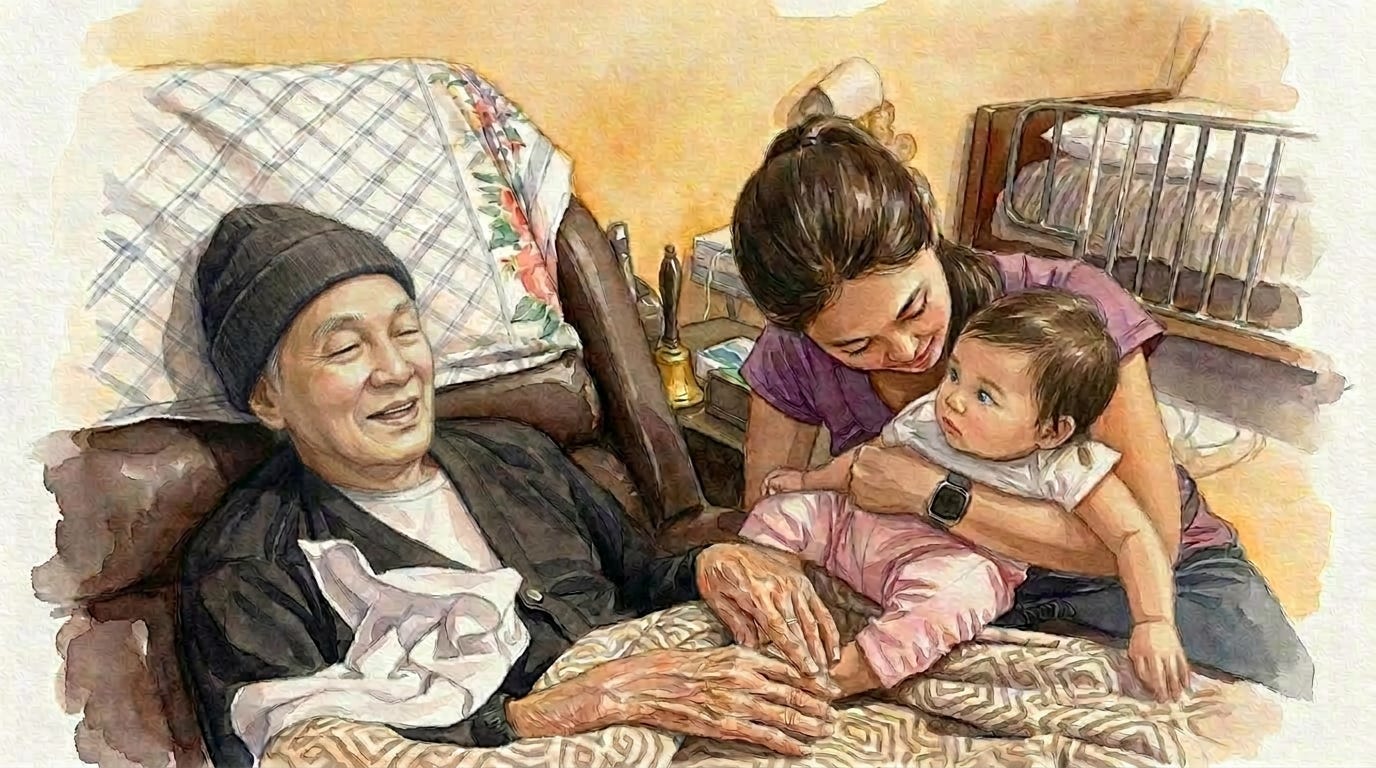A warm watercolor painting of a joyful Filipino grandfather wearing a black knit beanie and dark jacket, smiling gently with eyes open while reclining on a brown leather armchair covered in a patterned blanket. Beside him, a young Filipino mother in a purple shirt holds a baby girl in pink pants and white top, leaning in affectionately with her hand on the baby's leg; the baby gazes curiously. The cozy bedroom features yellow walls, a crib, bell, books, and soft lighting. A warm watercolor painting of a joyful Filipino grandfather wearing a black knit beanie and dark jacket, smiling gently with eyes open while reclining on a brown leather armchair covered in a patterned blanket. Beside him, a young Filipino mother in a purple shirt holds a baby girl in pink pants and white top, leaning in affectionately with her hand on the baby's leg; the baby gazes curiously. The cozy bedroom features yellow walls, a crib, bell, books, and soft lighting.