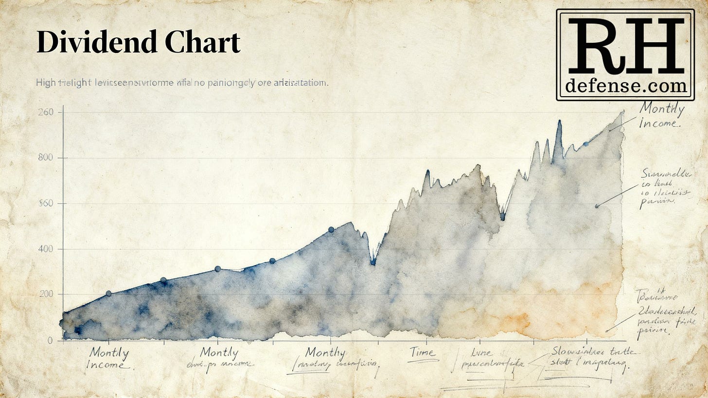 A muted, hand-painted dividend chart showing monthly income increasing over time, with gentle fluctuations, handwritten annotations, and a soft watercolor texture on an aged paper background. A muted, hand-painted dividend chart showing monthly income increasing over time, with gentle fluctuations, handwritten annotations, and a soft watercolor texture on an aged paper background.
