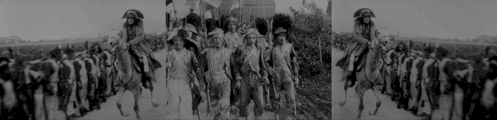 Animated gif - wide, split-screen shot with Albert Dieudonne as Napoleon in the outer two frames and marching soldiers in the centre frame