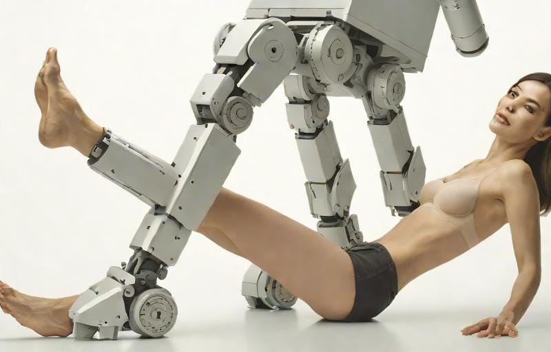 Woman under a robot with three legs