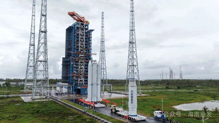 The Long March 8A Y10's first and second stages during pre-flight processing and being moved to Commercial Launch Pad 1.