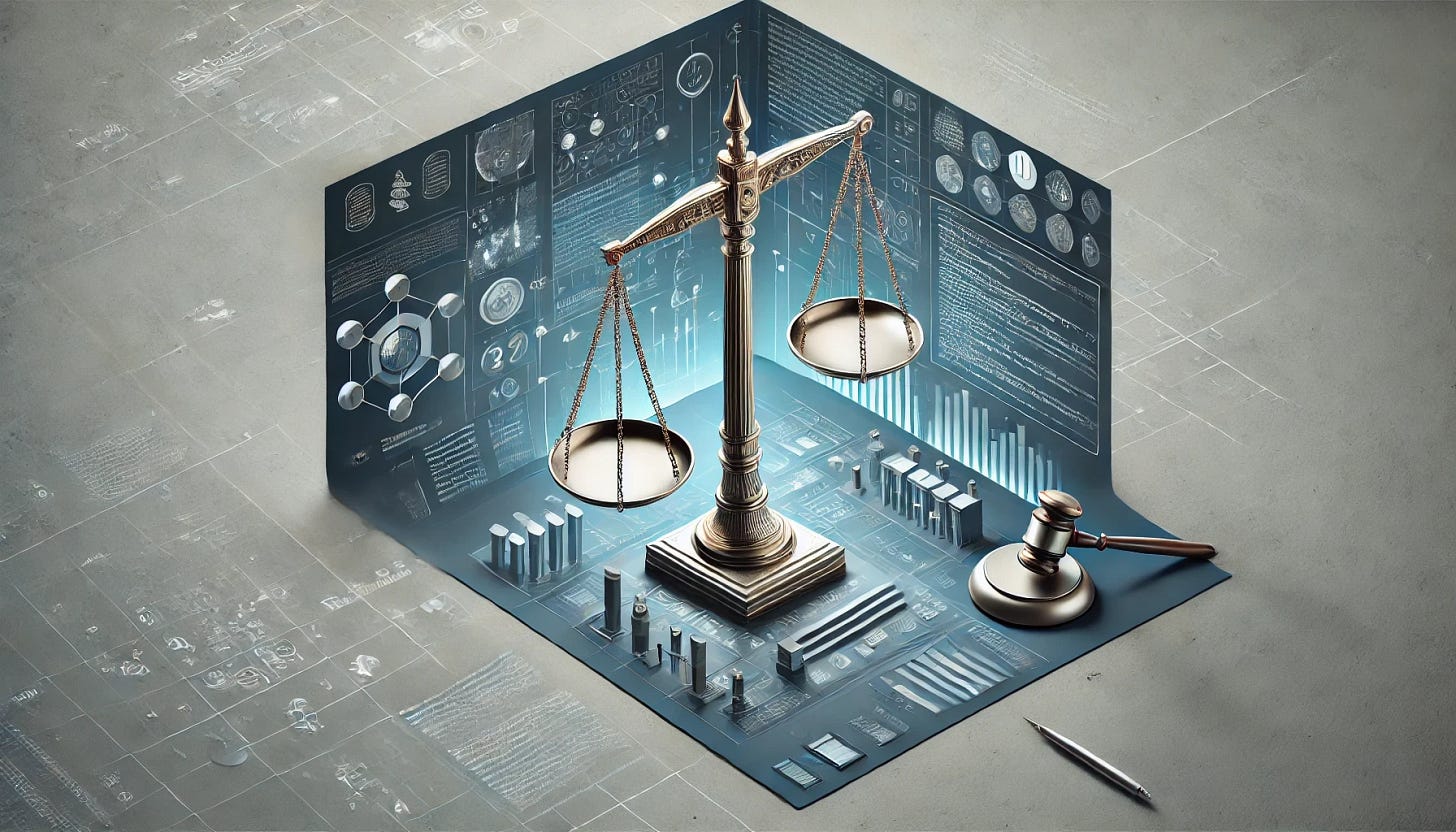 Scales of justice juxtaposed against a digital background.