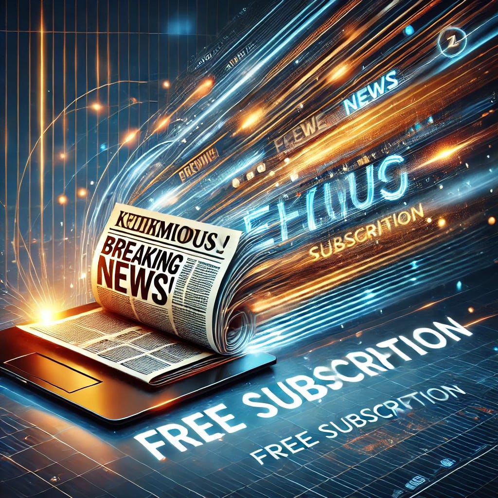 A visually striking digital graphic for a news subscription invitation. The image features a dynamic newspaper with glowing headlines flying out from a laptop screen, symbolizing breaking news. The background is modern and futuristic, with abstract lines and light effects to convey speed and information flow. A bold banner displays the text 'Εγγραφή ΔΩΡΕΑΝ!' clearly in Greek, above the words 'FREE SUBSCRIPTION'. The colors are vibrant, with a mix of blue and gold to create a premium and engaging feel.
