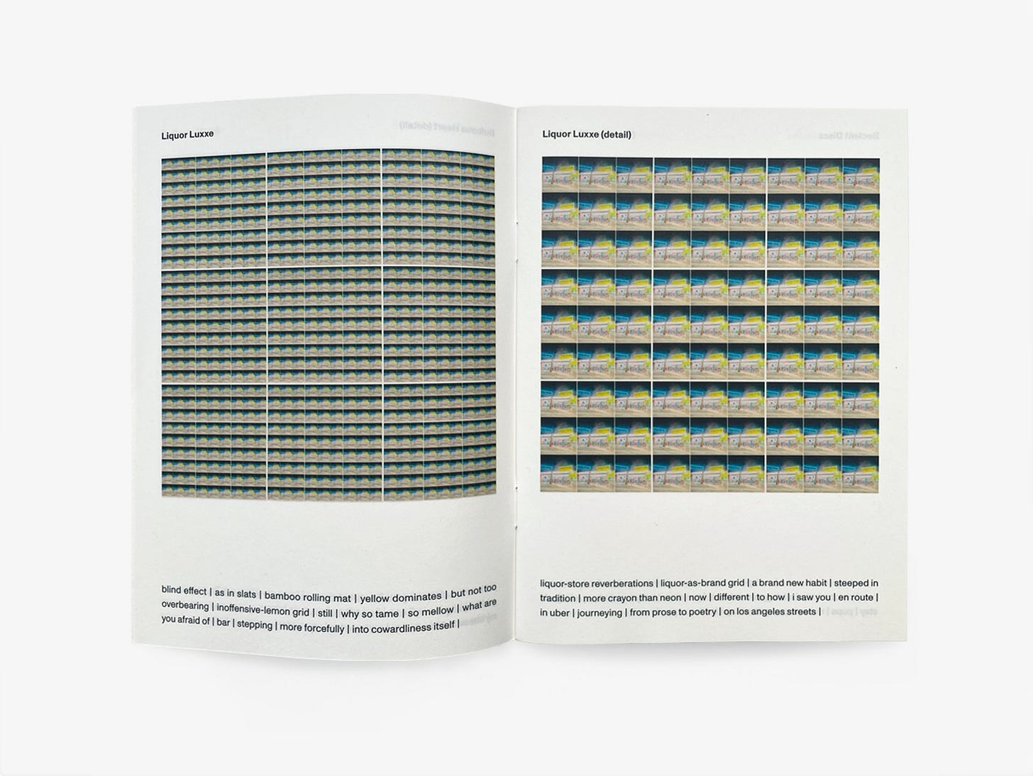 Two inside facing pages of the book showing, on the left hand side, nine blocks of 81 repeated images, and on the right, one block of 81 images. There are three lines of text at the foot of each page. Two inside facing pages of the book showing, on the left hand side, nine blocks of 81 repeated images, and on the right, one block of 81 images. There are three lines of text at the foot of each page.