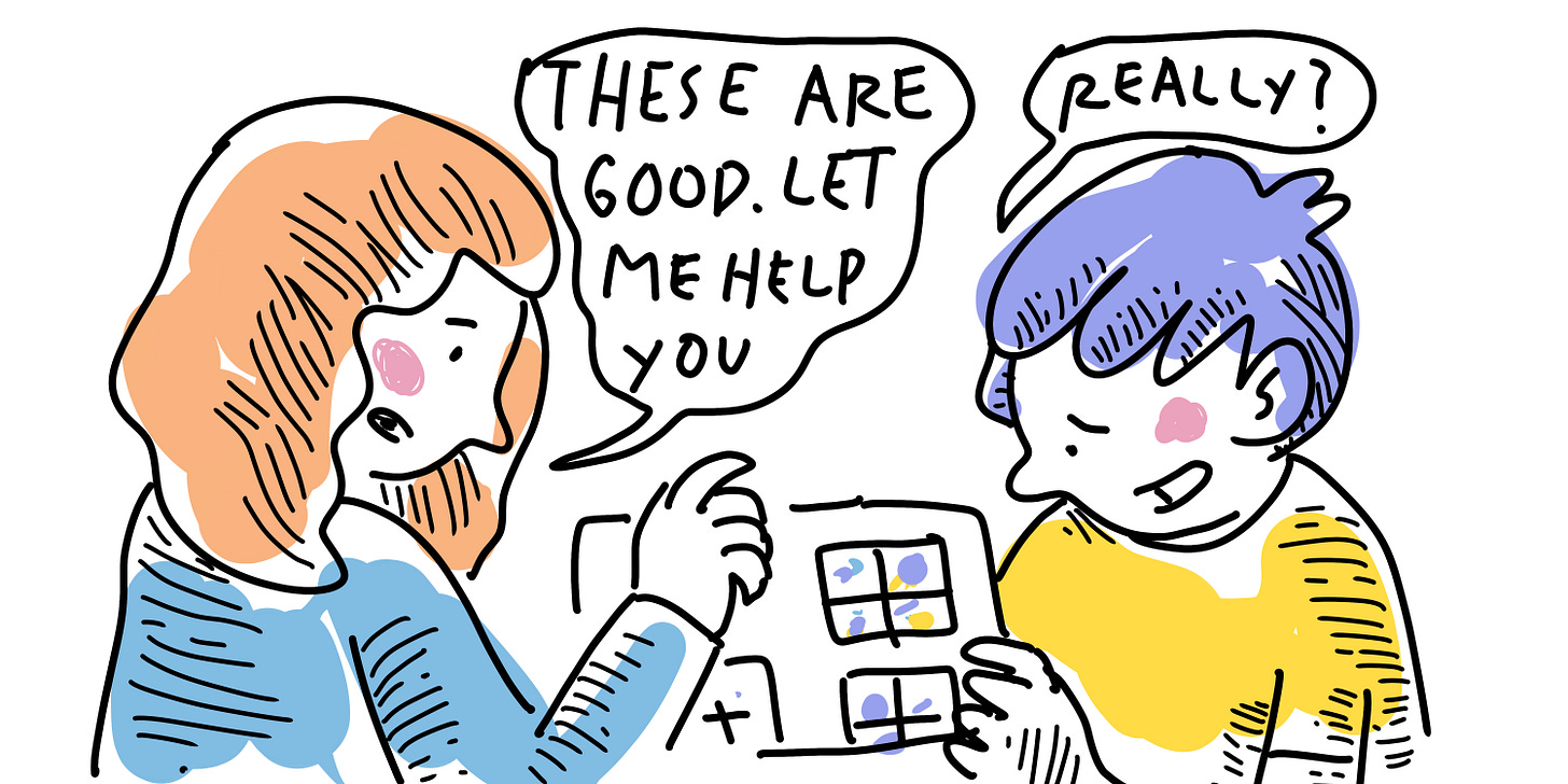 Drawing of yaplaws and a publisher looking at comics on an ipad