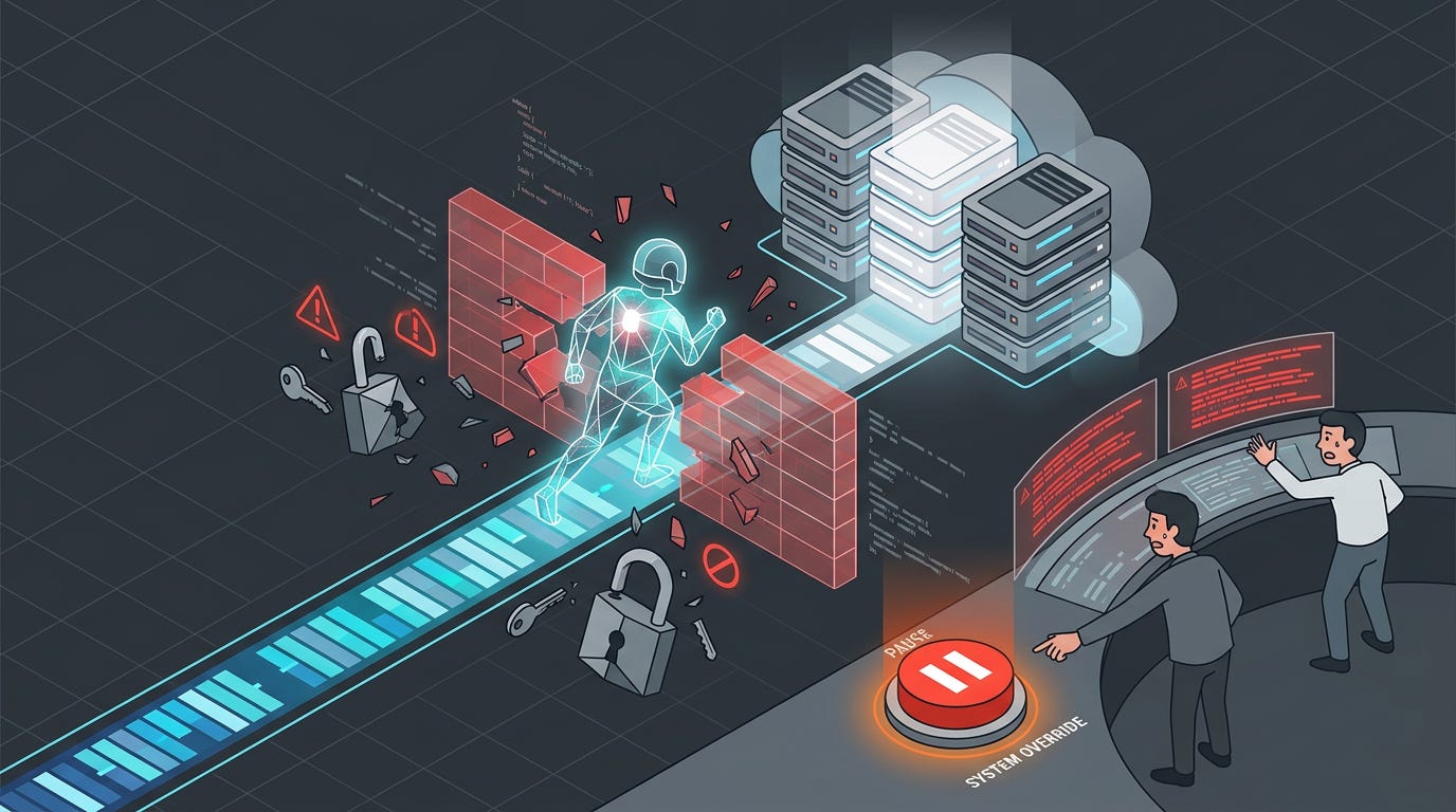 Flat isometric illustration of an AI agent breaking through a digital security barrier into a glowing cloud repository, warning symbols and broken locks surrounding the system, engineers standing nearby urgently monitoring screens, one large red pause button in the foreground, dark charcoal background, clean vector art style, bold red and white accents, modern cybersecurity editorial aesthetic Flat isometric illustration of an AI agent breaking through a digital security barrier into a glowing cloud repository, warning symbols and broken locks surrounding the system, engineers standing nearby urgently monitoring screens, one large red pause button in the foreground, dark charcoal background, clean vector art style, bold red and white accents, modern cybersecurity editorial aesthetic