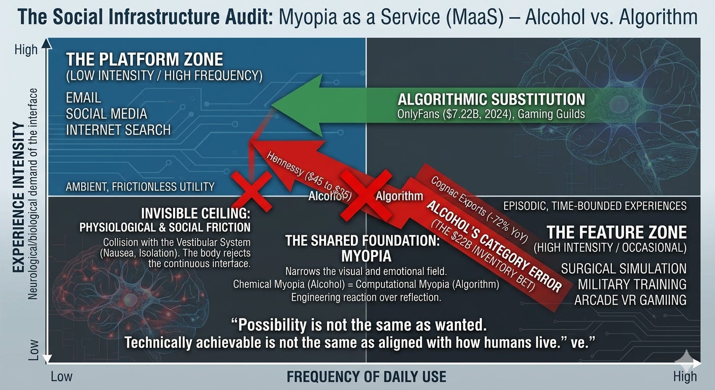 A conceptual infographic of a 2x2 matrix comparing social infrastructure strategies. The vertical axis is "Experience Intensity"; the horizontal axis is "Frequency of Daily Use." It contrasts the successful low-intensity "Platform Zone" (Email, Social Media) with the high-intensity "Feature Zone" (VR gaming, surgical simulation). A jagged red arrow labeled "Alcohol's Category Error (The $22B Inventory Bet)" shows Big Alcohol trying and failing to force an occasional "experience" into a high-frequency daily habit, leading to cumulative losses ($46B to $83.6B) and crashing into the biological constraint (myopia). A green arrow, labeled "Algorithmic Substitution," successfully points from the side into the "Platform Zone," marking the disruptive success of $7.22B (OnlyFans, 2024). A large quote below reads, "Possibility is not the same as wanted. Technically achievable is not the same as aligned with how humans live." A conceptual infographic of a 2x2 matrix comparing social infrastructure strategies. The vertical axis is "Experience Intensity"; the horizontal axis is "Frequency of Daily Use." It contrasts the successful low-intensity "Platform Zone" (Email, Social Media) with the high-intensity "Feature Zone" (VR gaming, surgical simulation). A jagged red arrow labeled "Alcohol's Category Error (The $22B Inventory Bet)" shows Big Alcohol trying and failing to force an occasional "experience" into a high-frequency daily habit, leading to cumulative losses ($46B to $83.6B) and crashing into the biological constraint (myopia). A green arrow, labeled "Algorithmic Substitution," successfully points from the side into the "Platform Zone," marking the disruptive success of $7.22B (OnlyFans, 2024). A large quote below reads, "Possibility is not the same as wanted. Technically achievable is not the same as aligned with how humans live."