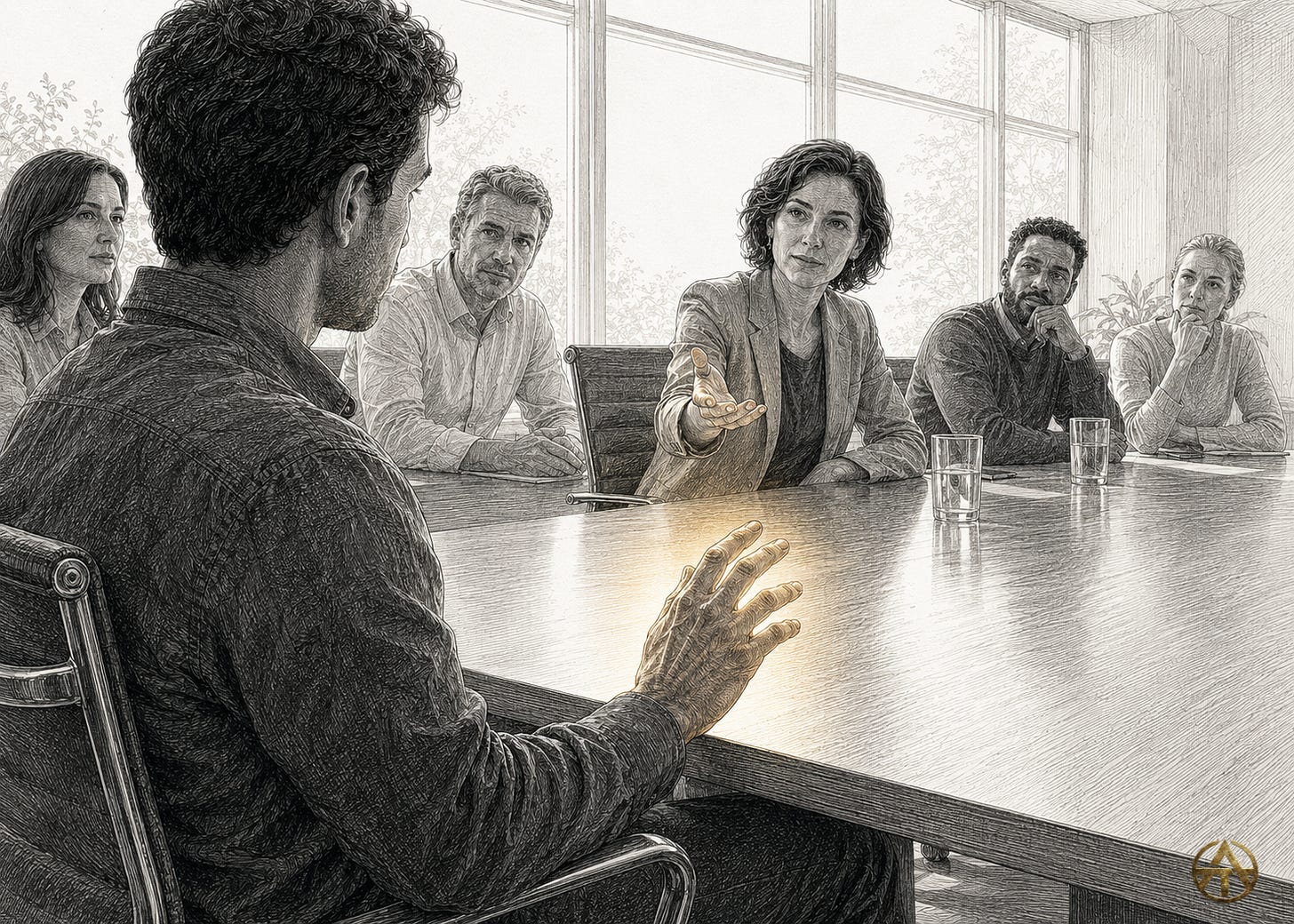 An employee raises a gold-lit hand as a leader turns and opens her palm across a bright conference table.