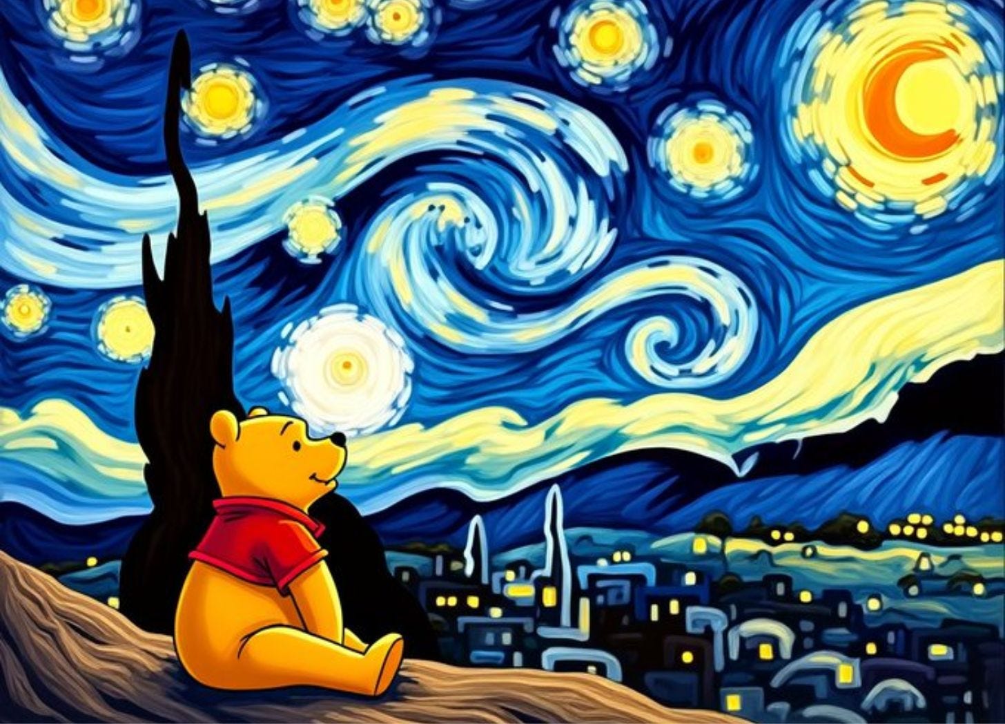 AI generated image of Vincent van Gogh's Starry Night with Winnie the Pooh in comic book style art.