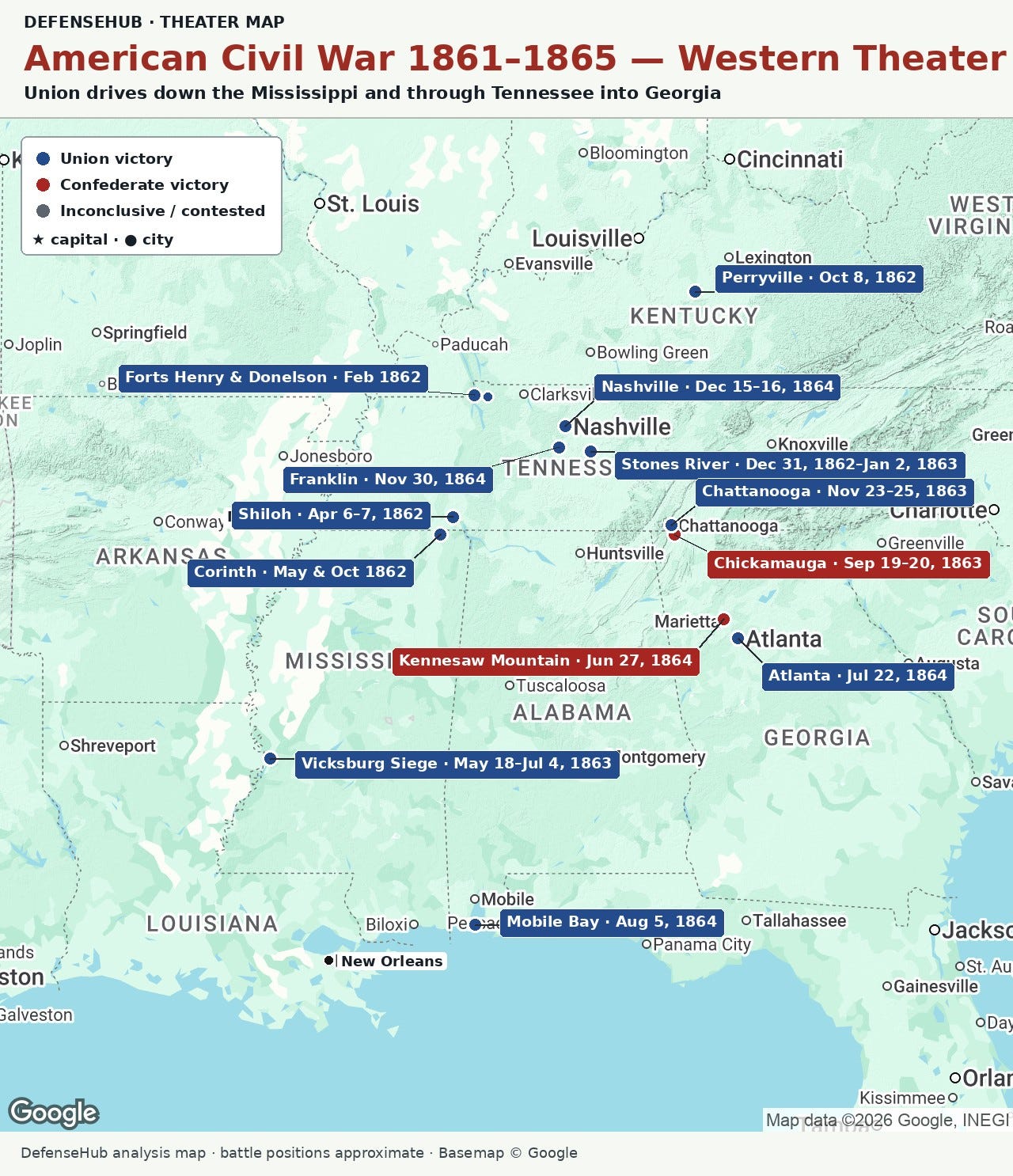 Map of the Western Theater of the American Civil War, 1861-1865, with major battles marked