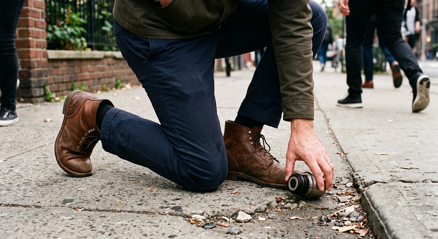 Roughly knee down of a man, who was walking on a sidewalk. He is reaching down to pickup a thermos top that rolled up against his shoes.