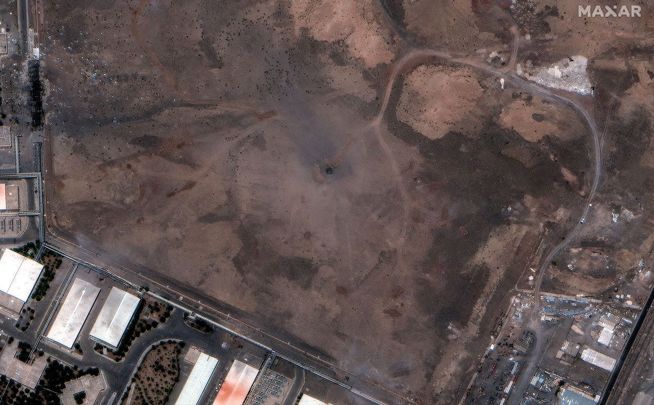 A satellite image shows a close-up of a crater at the underground Natanz enrichment facility, after it was hit by U.S. airstrikes, near Natanz, Iran, on June 22. (Maxar Technologies/Reuters)