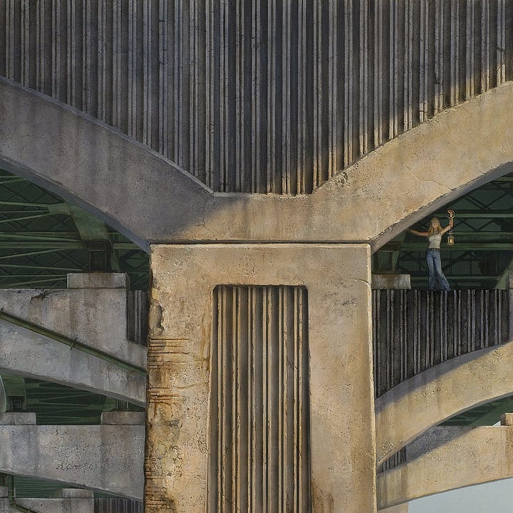 LEFT: Detail from THE BIG QUESTION featuring a woman standing on the concrete support of a highway overpass holding up a lantern. Light cuts a diagonal across the face of the T-shaped facade. The successive supports following the curve of the road off-panel left. RIGHT: Close detail from THE BIG QUESTION featuring a woman standing on the concrete support of a highway overpass. Light cuts across the exterior face of concrete leaving her in shadow. The steel girders behind her are green. She steadies herself, reaching out for support while in her opposite hand she holds up a metal ring. From it dangles a lantern on a chain.