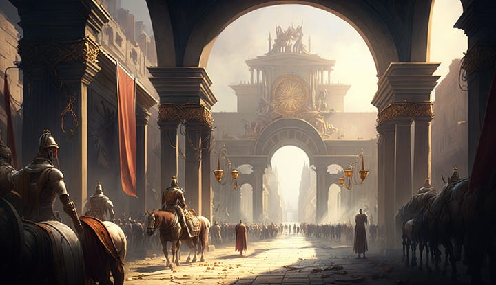 Midjourney prompts: all roads lead to rome during roman empire era triumphant beautiful AND no cars