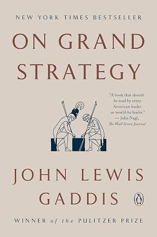 Book cover for On Grand Strategy by John Lewis Gaddis, featuring a minimalist design with classical figures and muted beige background.