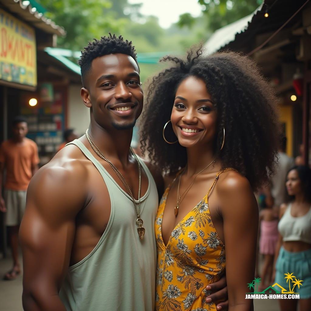 A handsome young man and his stunningly beautiful partner, a woman with radiant skin and captivating features, standing together in a vibrant Jamaican market, surrounded by colorful textiles and lush greenery, as they immerse themselves in the local culture, warmly interacting with the island's people. Captured in a cinematic film still, reminiscent of a 35mm film frame, with a subtle film grain and vignette, evoking a sense of nostalgia and depth. The image is color graded to perfection, with a post-processed sheen, accentuating the couple's joy and the island's tropical atmosphere. Inspired by the dramatic lighting of cinematographers like Emmanuel Lubezki and Roger Deakins, with a hint of the intimate, observational style of directors like Barry Jenkins and Ava DuVernay. A handsome young man and his stunningly beautiful partner, a woman with radiant skin and captivating features, standing together in a vibrant Jamaican market, surrounded by colorful textiles and lush greenery, as they immerse themselves in the local culture, warmly interacting with the island's people. Captured in a cinematic film still, reminiscent of a 35mm film frame, with a subtle film grain and vignette, evoking a sense of nostalgia and depth. The image is color graded to perfection, with a post-processed sheen, accentuating the couple's joy and the island's tropical atmosphere. Inspired by the dramatic lighting of cinematographers like Emmanuel Lubezki and Roger Deakins, with a hint of the intimate, observational style of directors like Barry Jenkins and Ava DuVernay.