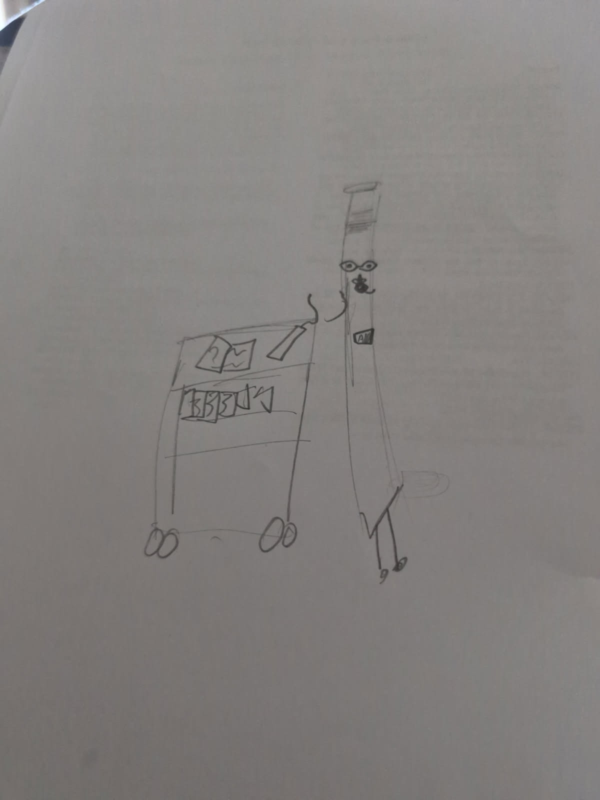 Pencil drawing of the library chive, putting books on a shelf.