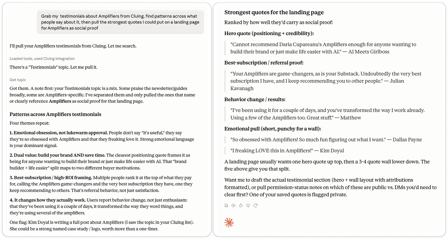 Claude conversation using Cluing MCP to analyze Amplifiers testimonials, identifying four recurring themes and ranking the strongest quotes for a landing page.