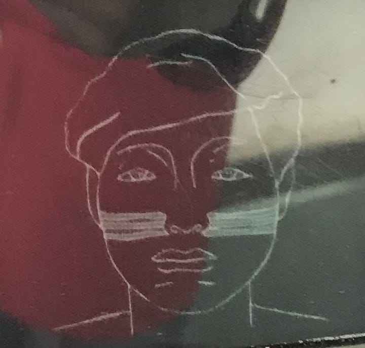 Pencil sketches show different patterns of vertical and horizontal lines in face paint.