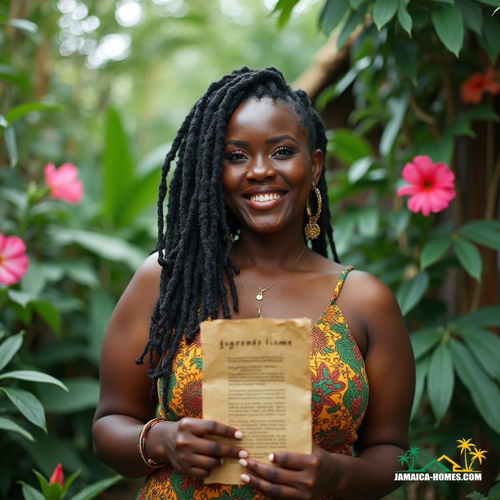 A stunning, light-skinned Jamaican Rastawoman with a robust figure, adorned in vibrant, eclectic clothing and dreadlocks, stands proudly in a lush, tropical setting, surrounded by lush greenery and colorful flowers, with a worn, wooden lease agreement clutched in her hand, its pages fluttering gently in the breeze. Her bright, warm smile and piercing eyes shine with a sense of resilience and strength, as she embodies the spirit of independence and freedom. The atmosphere is alive with the sounds of nature and the faint scent of incense wafts through the air.