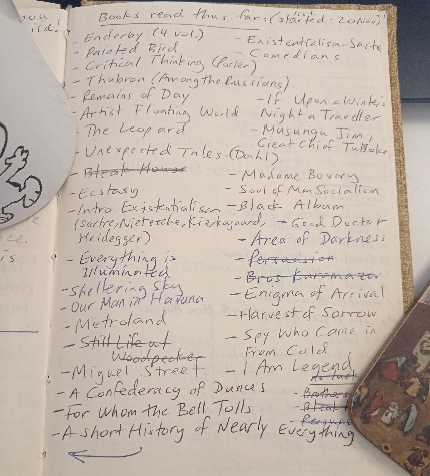 A page of Daniel's commonplace book, with 'books read thus far' as the heading. There are many books listed (at least 2 dozen).