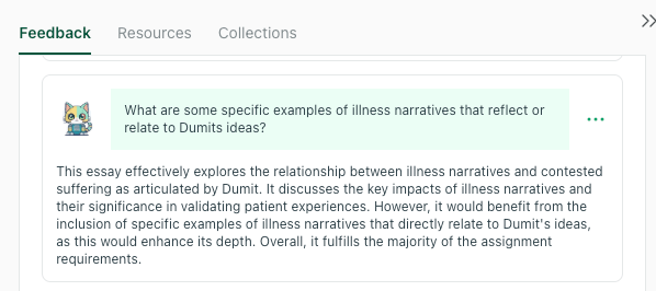 Suggested Topics question asking for specific examples of illness narratives related to Dumit’s ideas, with feedback suggesting more examples are needed.