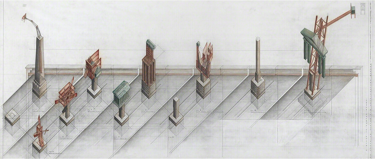 Allegorical Columns, CCA Garden, Montréal, Québec (1989) by Melvin Charney