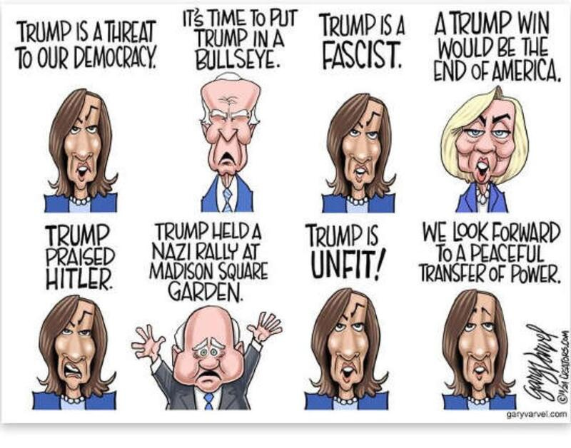 May be an image of text that says 'TRUMP TRUMPISATHAREAT IS ATHREAT To OUR DEMOCRACY. ร TIME TOPUT TRUMP INA BULLSEYE. TRUMP ISA FASCIST. A TRUMP WIN WOULD BE THE END OF AMERICA. TRUMP PRAISED HITLER. TRUMP HELDA NAZI RALLY AT MADISON SQUARE GARDEN. TRUMPIS IS UNFIT! WE LOOK FORWARD PEACEFUL TRANSFER OF POWER. က garyvarvel. com'