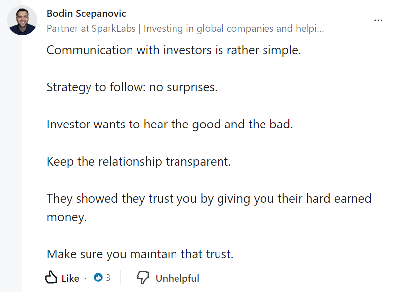 LinkedIn post by Bodin Scepanovic explaining that good investor communication is simple — share the good and the bad, keep transparency, and maintain the trust investors showed by backing you.