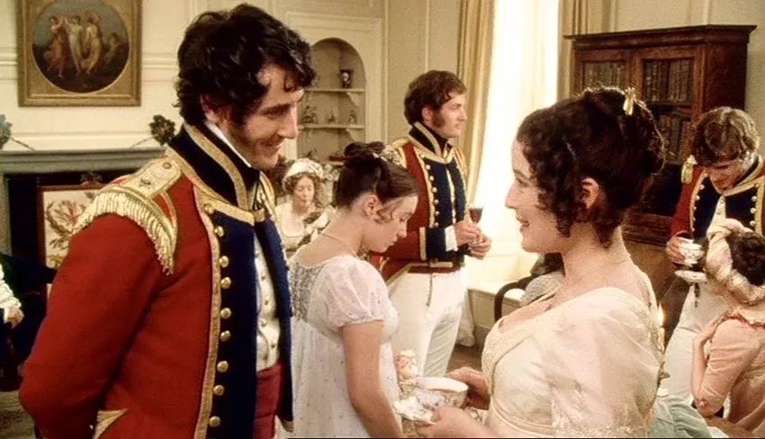 Elizabeth Bennet talking to Wickham dressed in his regimentals at a tea party.