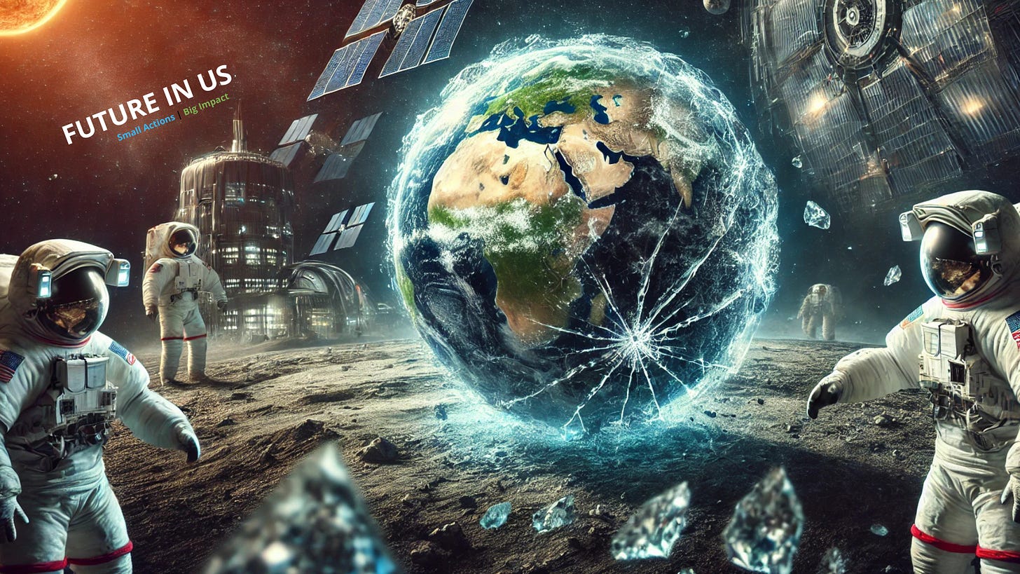 Dramatic space scene showing astronauts on the Moon and a shattered, glass-like Earth. Highlights the fragility of our planet and raises the question posed in 'Earth: as fragile as glass – can we live on the Moon?' Futuristic space stations and satellites suggest a possible life beyond Earth.