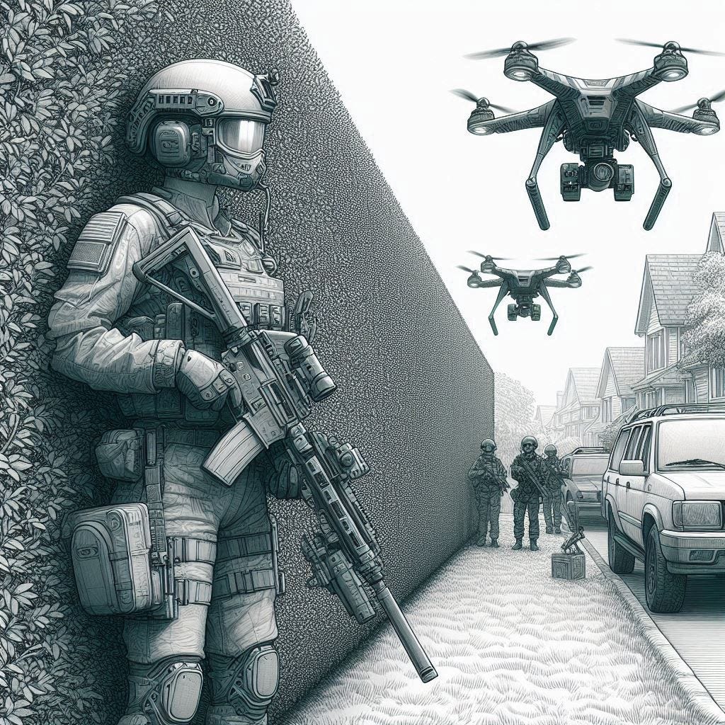 soldiers and drones on two sides of a suburban hedge, sci-fi drawing
