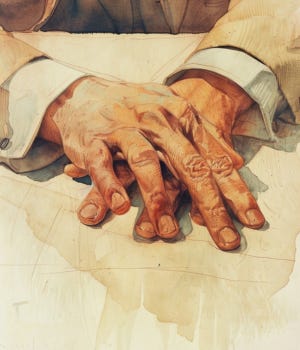 vintage editorial watercolor illustration of a man's hands resting flat on an institutional table, relaxed and still, no objects, cool overhead light, muted neutrals, cream paper texture