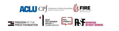 Logos of major civil liberties organizations in the United States, including ACLU, FIRE, Knight First Amendment Institute at Columbia University, and Freedom of the Press Foundation. Logos of major civil liberties organizations in the United States, including ACLU, FIRE, Knight First Amendment Institute at Columbia University, and Freedom of the Press Foundation.