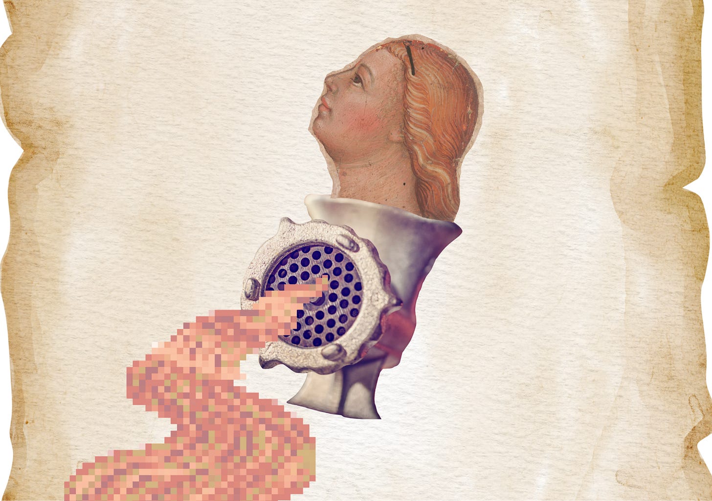 A heritage painting of a beautiful woman's head in profile is shown jutting out of a silver machine for meat grinding and mincing, with a pixilated flesh-coloured stream shown as running out the holes of the grinder. A heritage painting of a beautiful woman's head in profile is shown jutting out of a silver machine for meat grinding and mincing, with a pixilated flesh-coloured stream shown as running out the holes of the grinder.
