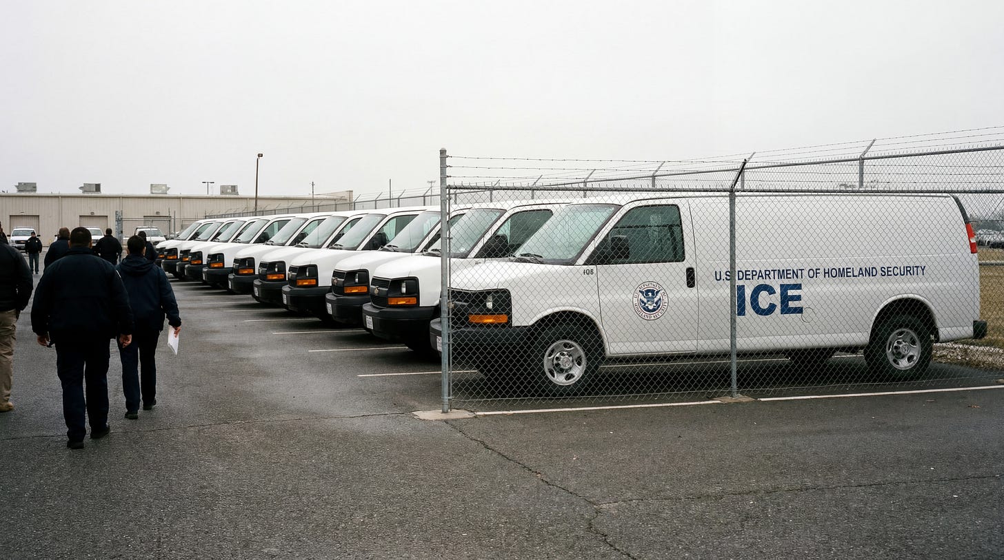 AI-generated illustration of a long row of ice immigration vans and a line of agents heading to their vehicles, symbolizing increased hiring.